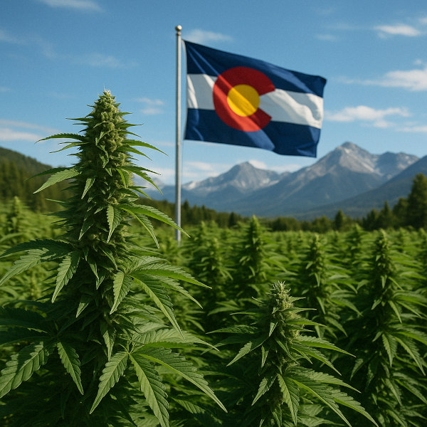 Colorado flag in outdoor cannabis plantation