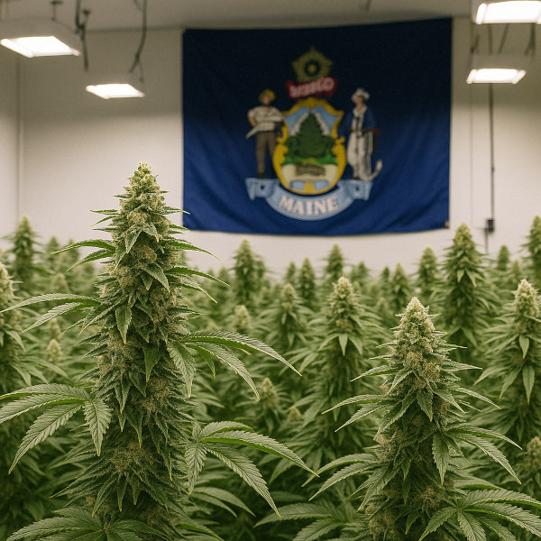 Maine flag behind cannabis indoor grow