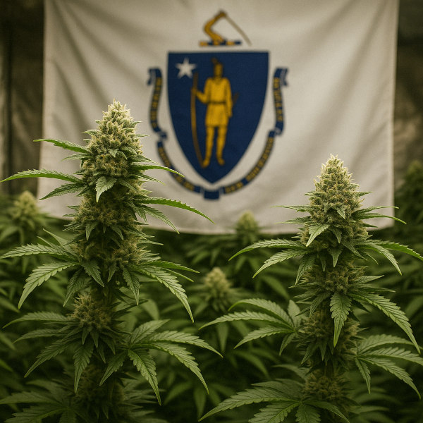 Massachusetts flag behind cannabis plants indoors