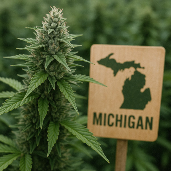 Michigan sign with cannabis plants