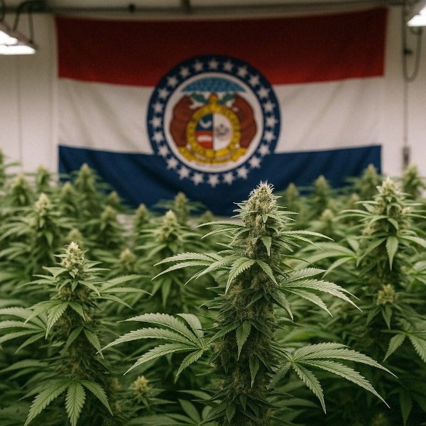 Missouri flag behind indoor cannabis plants