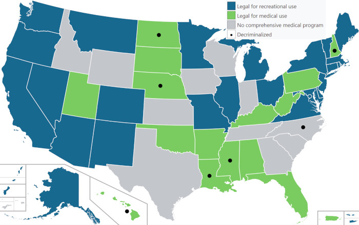 USA legal cannabis map (medical/recreational)
