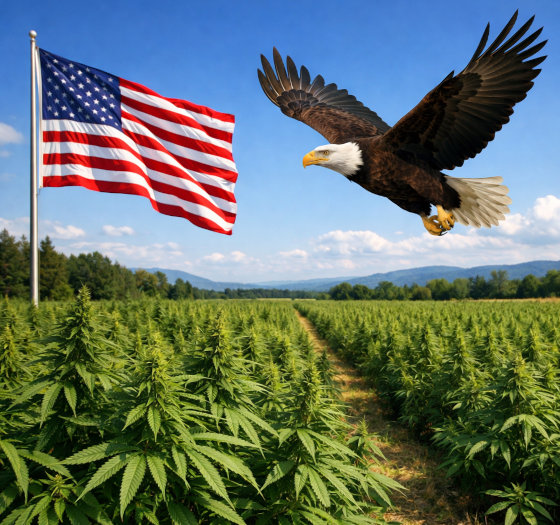 american cannabis field with flag and bald eagle