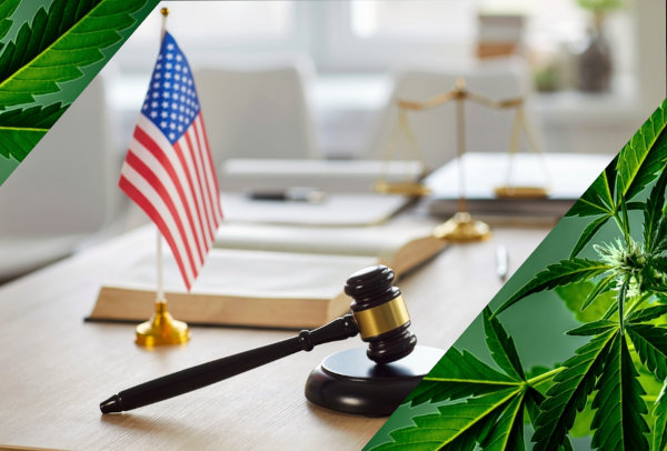 american flag on legal office desk; cannabis plant