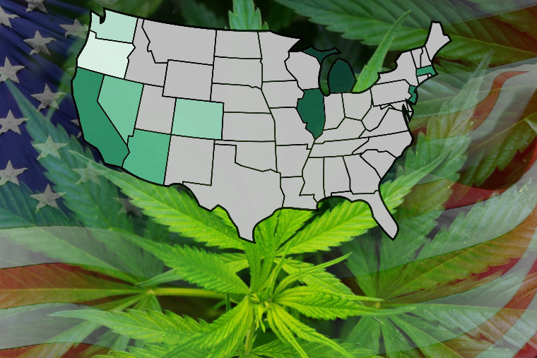top 10 profitable cannabis states map overlaying weed plant and U.S. flag